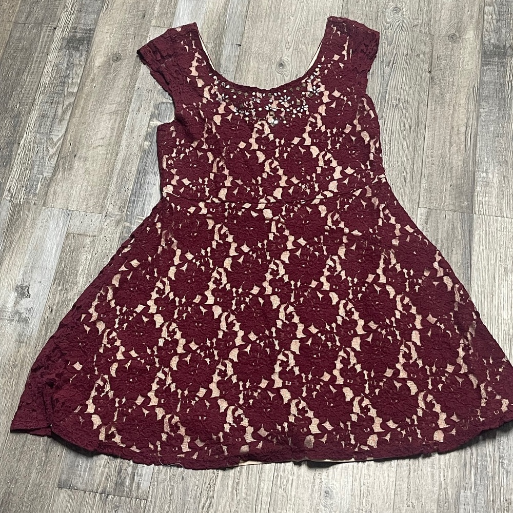 Burgundy Lace Dress with Tan Underlay